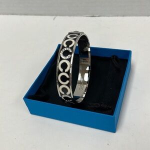 Coach Black Enamel Signature Logo Hinged Bangle Bracelet Silver Tone